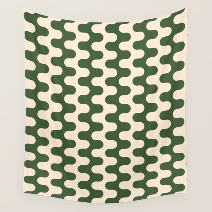 Retro Mid Century Modern Waves in Forest Green and Creamy White Wall Tapestry Gallery Image 4