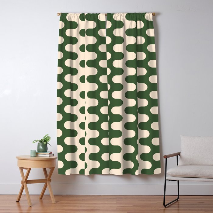 Retro Mid Century Modern Waves in Forest Green and Creamy White Window Curtain Gallery Image 5
