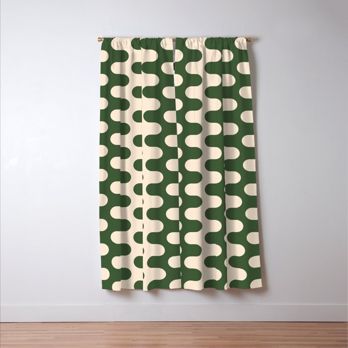 Retro Mid Century Modern Waves in Forest Green and Creamy White Window Curtain Gallery Image 3