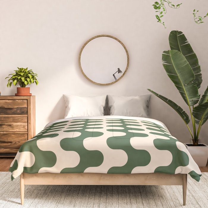 Retro Mid Century Modern Waves in Forest Green and Creamy White Comforter Gallery Image 3