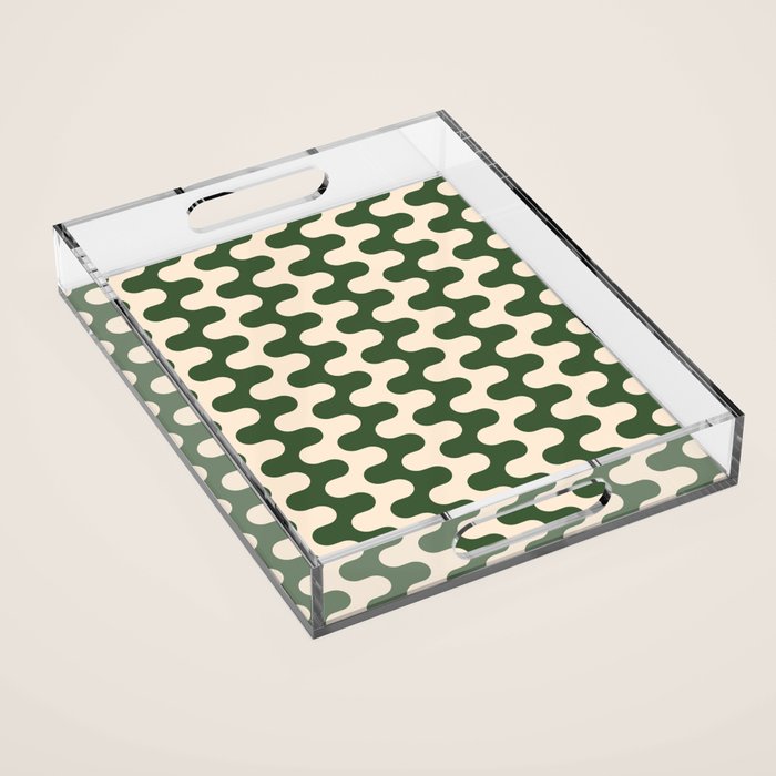 Retro Mid Century Modern Waves in Forest Green and Creamy White Acrylic Tray Gallery Image 1