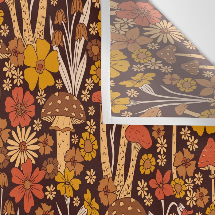 Retro 1970s Brown & Orange Mushrooms & Flowers Wall Tapestry Gallery Image 3