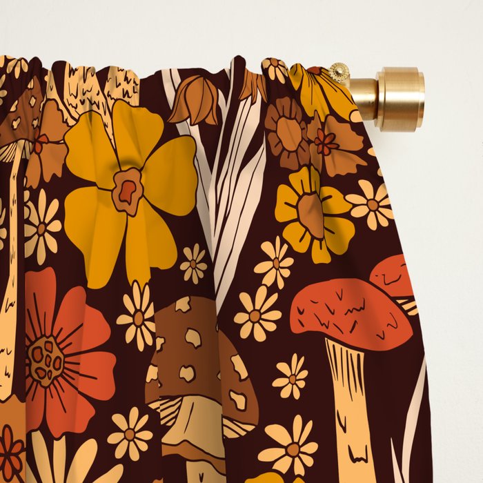 Retro 1970s Brown & Orange Mushrooms & Flowers Window Curtain Gallery Image 2