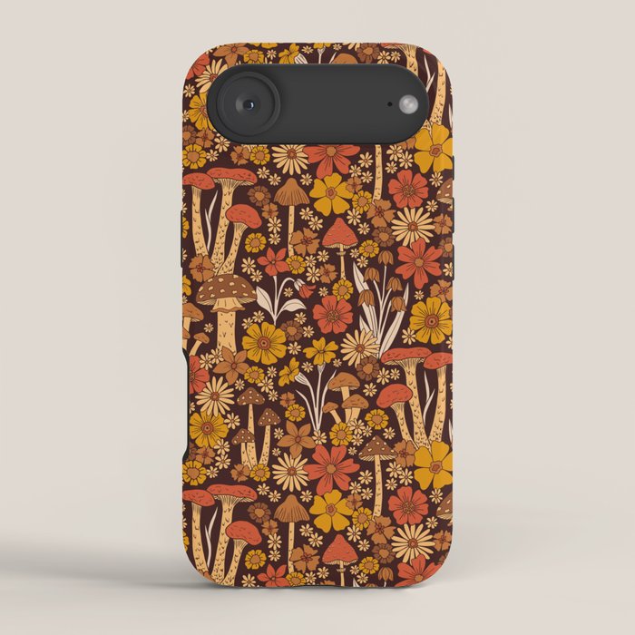 Retro 1970s Brown & Orange Mushrooms & Flowers iPhone Case Gallery Image 2