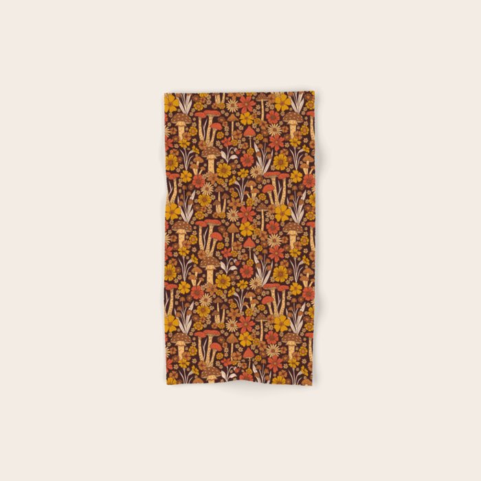 Retro 1970s Brown & Orange Mushrooms & Flowers Bath Towel Gallery Image 1