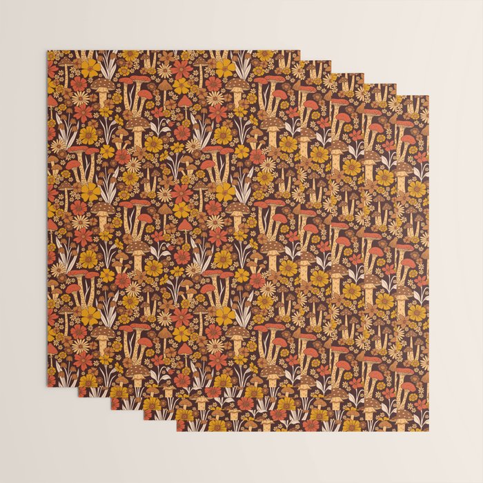 Retro 1970s Brown & Orange Mushrooms & Flowers Wrapping Paper Gallery Image 3