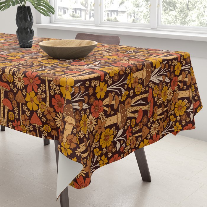 Retro 1970s Brown & Orange Mushrooms & Flowers Tablecloth Gallery Image 3