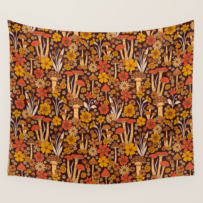Retro 1970s Brown & Orange Mushrooms & Flowers Wall Tapestry Gallery Image 4