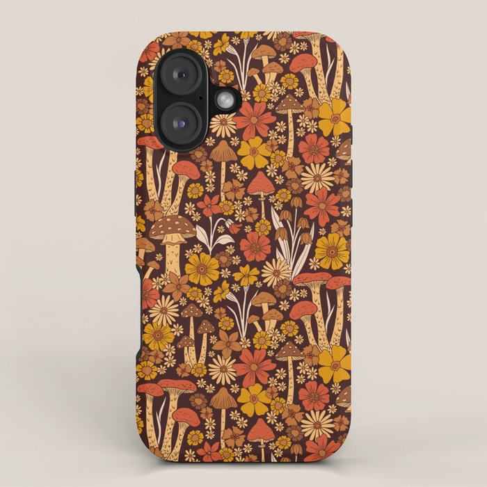 Retro 1970s Brown & Orange Mushrooms & Flowers iPhone Case Gallery Image 1