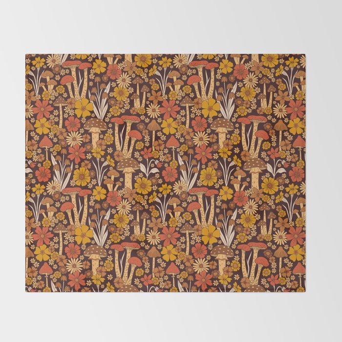 Retro 1970s Brown & Orange Mushrooms & Flowers Throw Blanket Gallery Image 2
