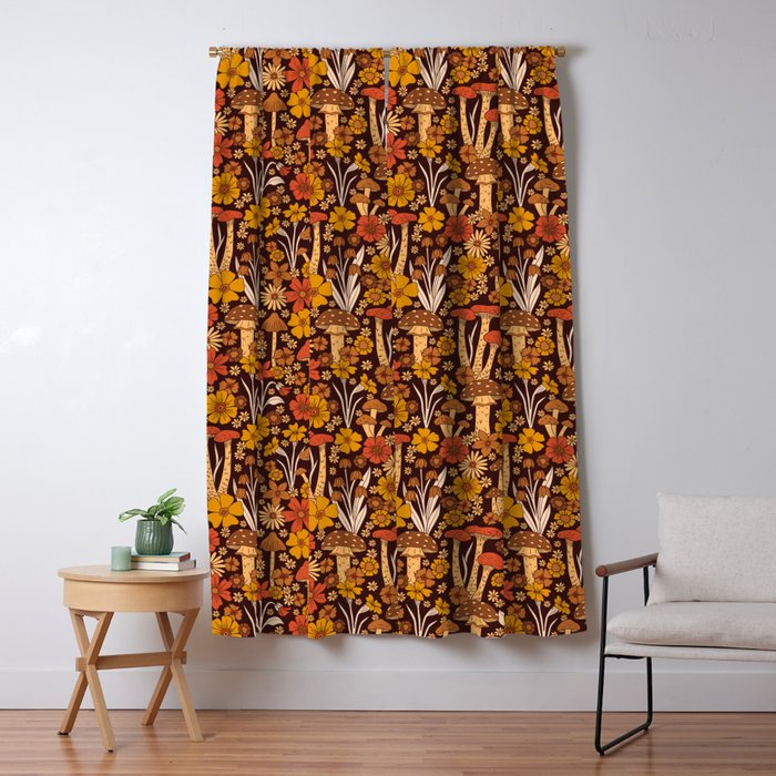 Retro 1970s Brown & Orange Mushrooms & Flowers Window Curtain Gallery Image 5