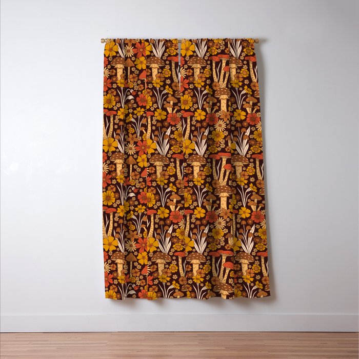 Retro 1970s Brown & Orange Mushrooms & Flowers Window Curtain Gallery Image 3