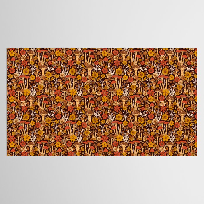 Retro 1970s Brown & Orange Mushrooms & Flowers Tablecloth Gallery Image 2