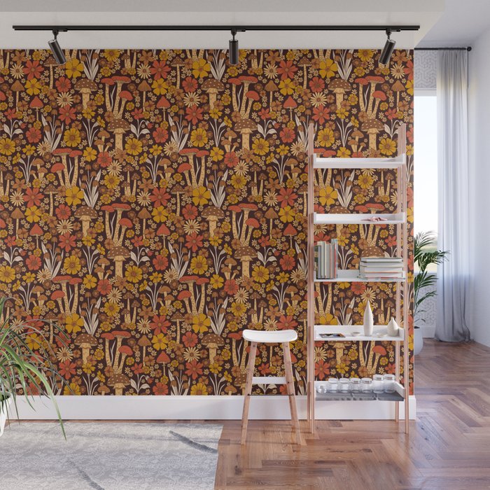 Retro 1970s Brown & Orange Mushrooms & Flowers Wall Mural Gallery Image 1