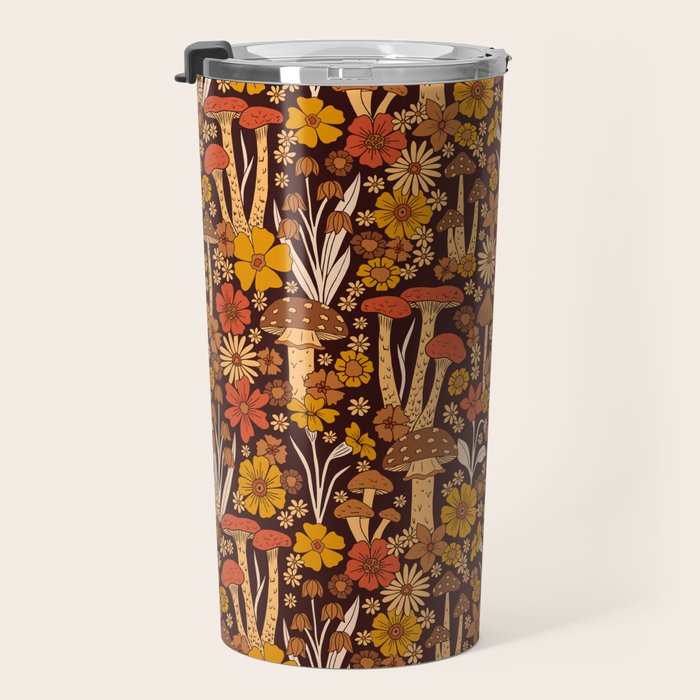 Retro 1970s Brown & Orange Mushrooms & Flowers Travel Mug Gallery Image 3