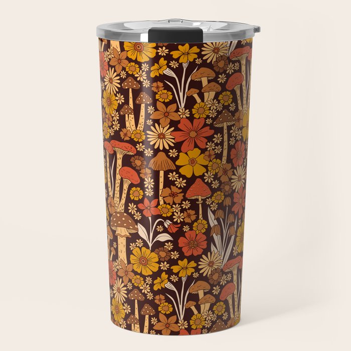 Retro 1970s Brown & Orange Mushrooms & Flowers Travel Mug Gallery Image 1