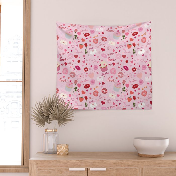 Pink valentine's Day with Kisses, Cupcakes and Roses Wall Tapestry Gallery Image 2