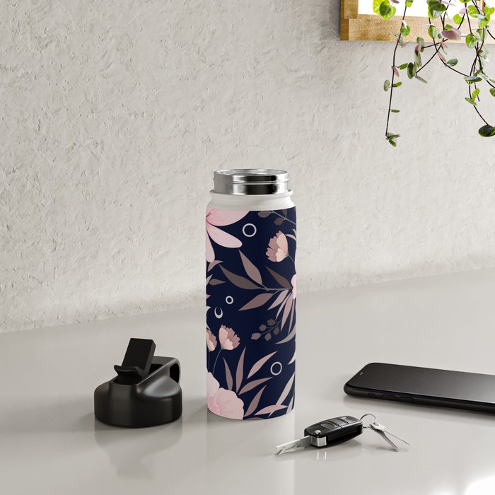 Modern, Boho, Floral Prints, Navy and Pink Water Bottle Gallery Image 4