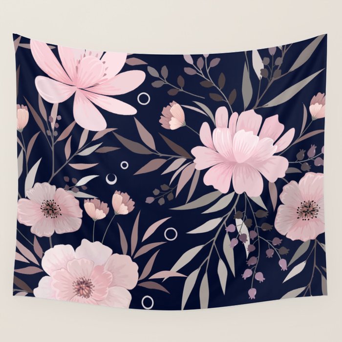 Modern, Boho, Floral Prints, Navy and Pink Wall Tapestry Gallery Image 4