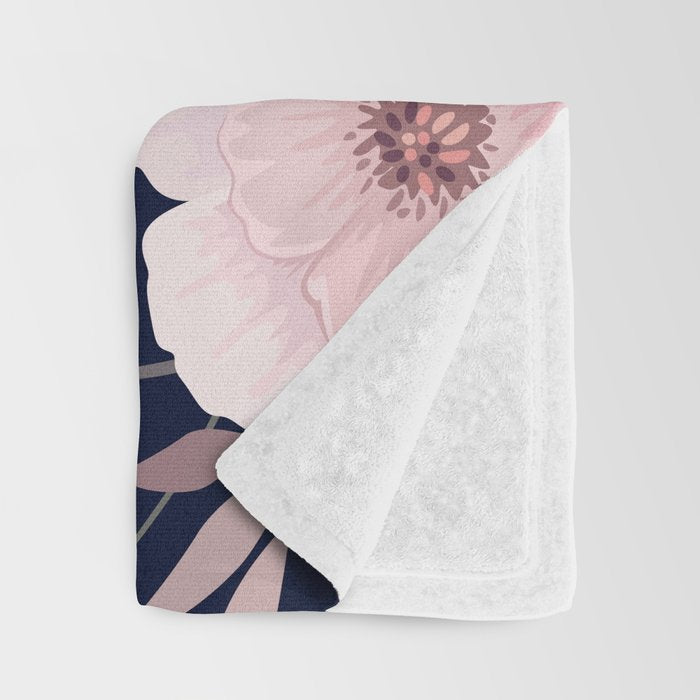 Modern, Boho, Floral Prints, Navy and Pink Throw Blanket Gallery Image 3