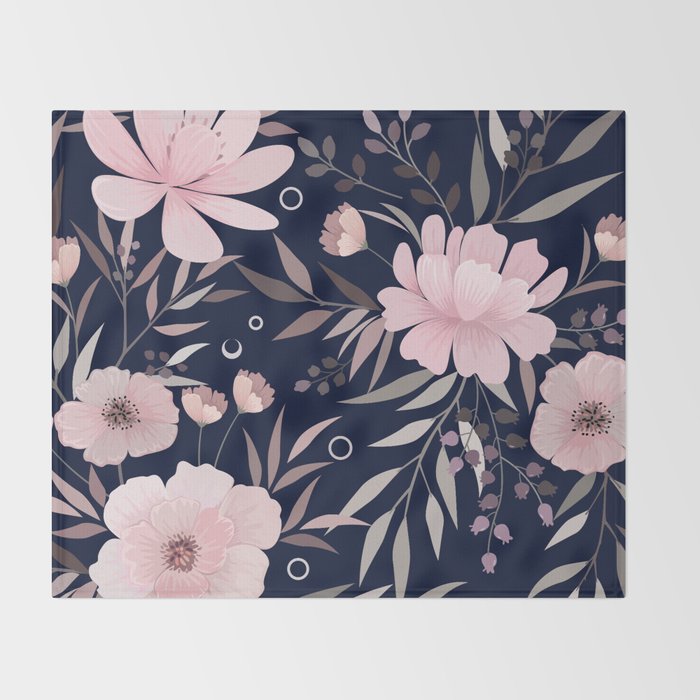 Modern, Boho, Floral Prints, Navy and Pink Throw Blanket Gallery Image 2