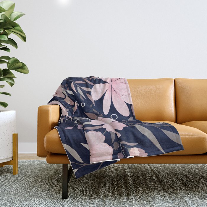 Modern, Boho, Floral Prints, Navy and Pink Throw Blanket Gallery Image 1