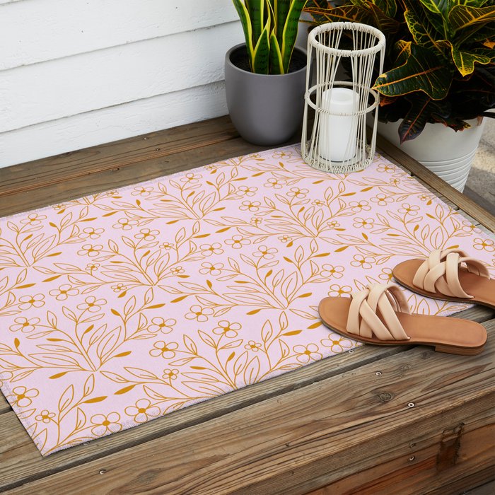 Playful Doodled Blooms Pattern - Pink and Gold Outdoor Rug Gallery Image 2