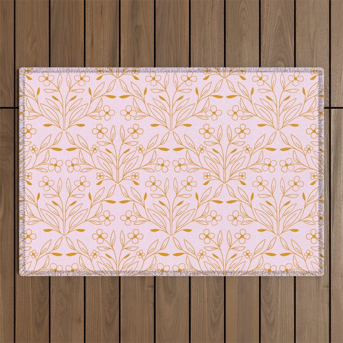 Playful Doodled Blooms Pattern - Pink and Gold Outdoor Rug Gallery Image 1