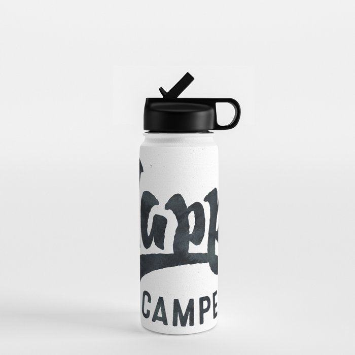 HAPPY CAMPER Black and White Retro Water Bottle Gallery Image 1