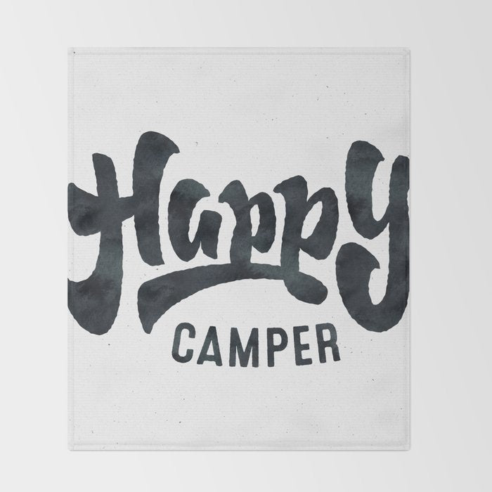 HAPPY CAMPER Black and White Retro Throw Blanket Gallery Image 2