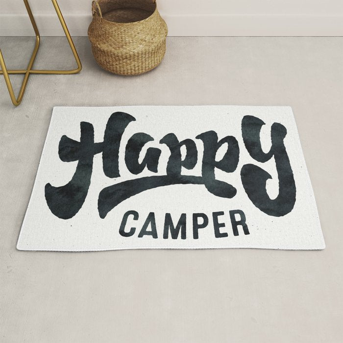 HAPPY CAMPER Black and White Retro Rug Gallery Image 1