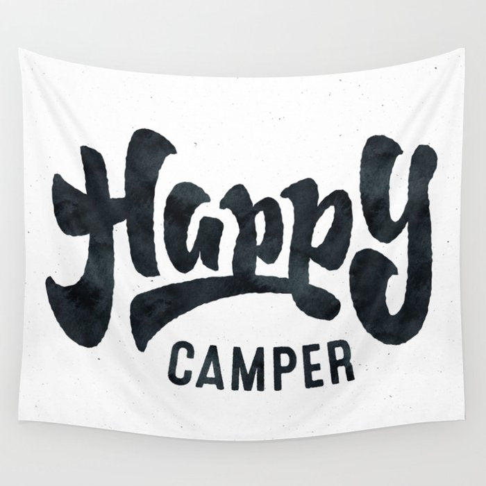 HAPPY CAMPER Black and White Retro Wall Tapestry Gallery Image 1