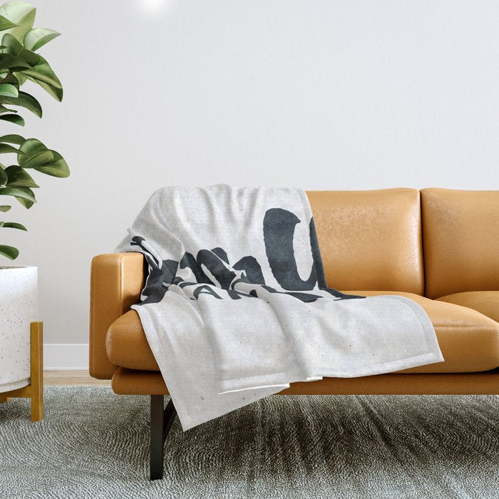 HAPPY CAMPER Black and White Retro Throw Blanket Gallery Image 1