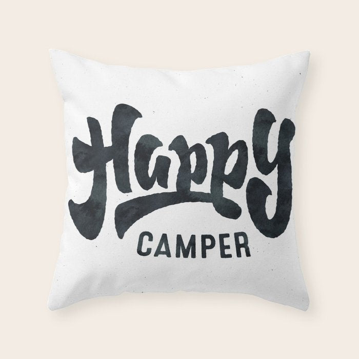 HAPPY CAMPER Black and White Retro Throw Pillow Gallery Image 6
