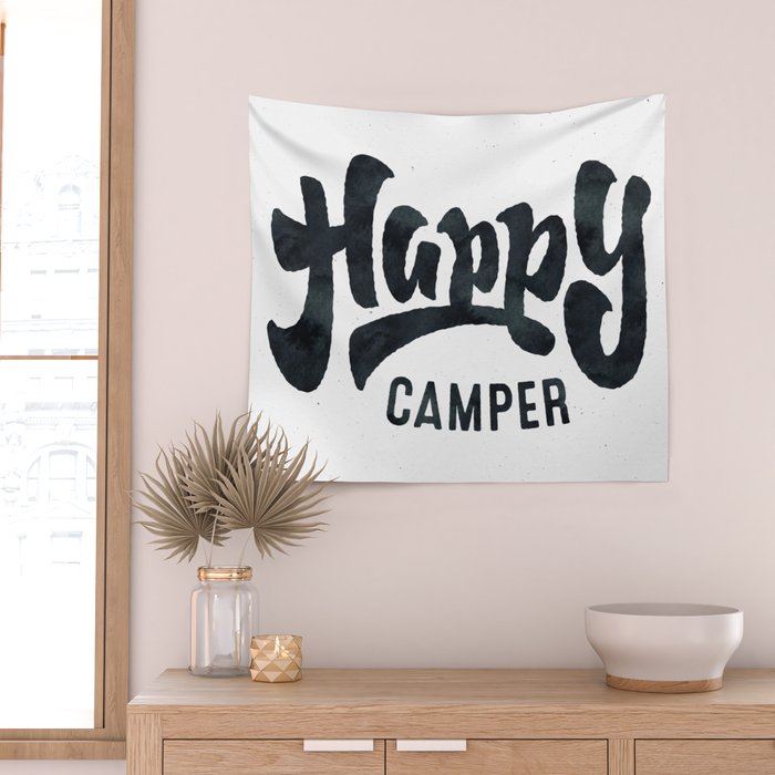 HAPPY CAMPER Black and White Retro Wall Tapestry Gallery Image 2