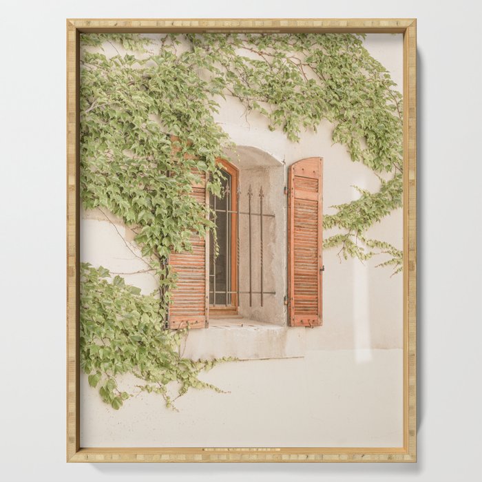 French Window Shutters Photo | Botanical Summer Art Print from Lyon | France Travel Photography Serving Tray Gallery Image 1