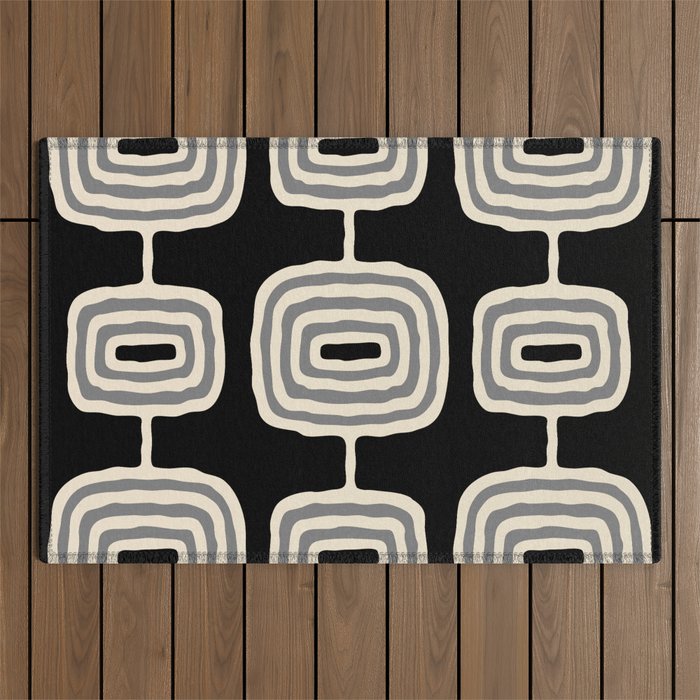 Mid Century Modern Atomic Rings Pattern 234 Decor Black Beige and Gray Outdoor Rug Gallery Image 1