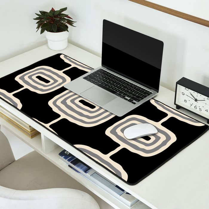 Mid Century Modern Atomic Rings Pattern 234 Decor Black Beige and Gray Desk Mat Gallery Image 2