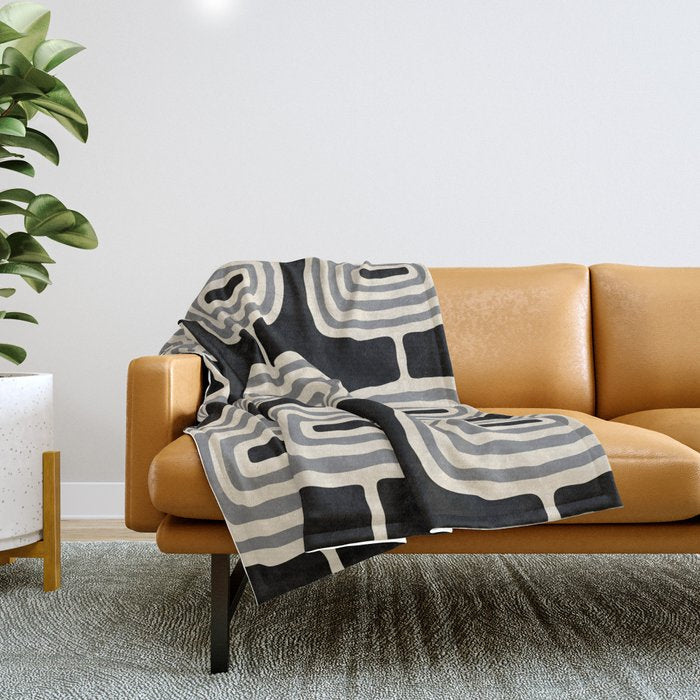 Mid Century Modern Atomic Rings Pattern 234 Decor Black Beige and Gray Throw Blanket Gallery Image 1