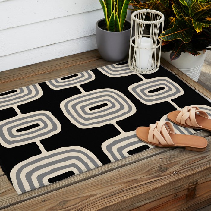 Mid Century Modern Atomic Rings Pattern 234 Decor Black Beige and Gray Outdoor Rug Gallery Image 2
