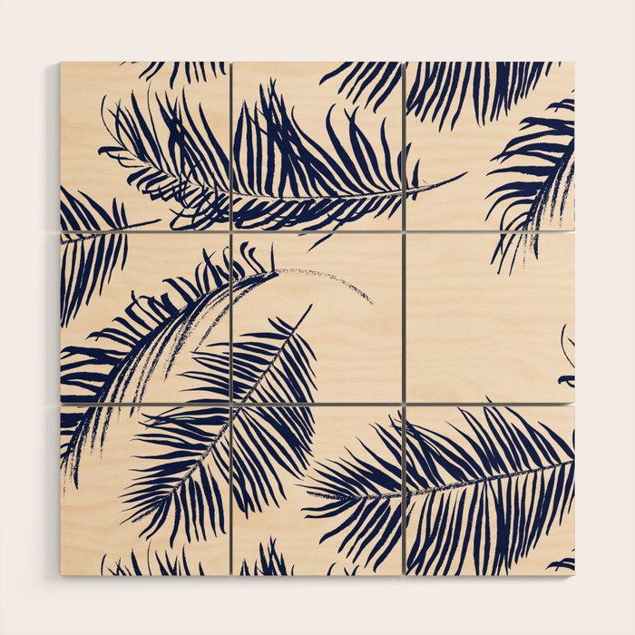 Blue Palm Leaves x Dry Brush Wood Wall Art Gallery Image 1