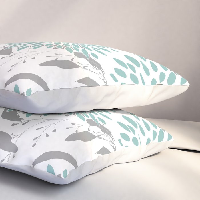 Festive, Floral Blooms and Leaves, Teal and Gray Pillow Sham Gallery Image 3