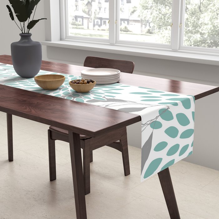 Festive, Floral Blooms and Leaves, Teal and Gray Table Runner Gallery Image 2