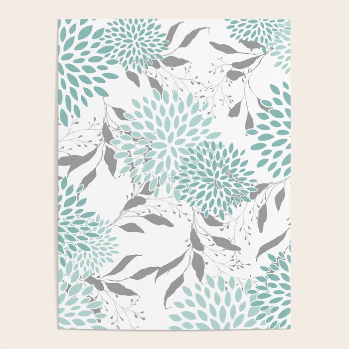 Festive, Floral Blooms and Leaves, Teal and Gray Poster Gallery Image 1