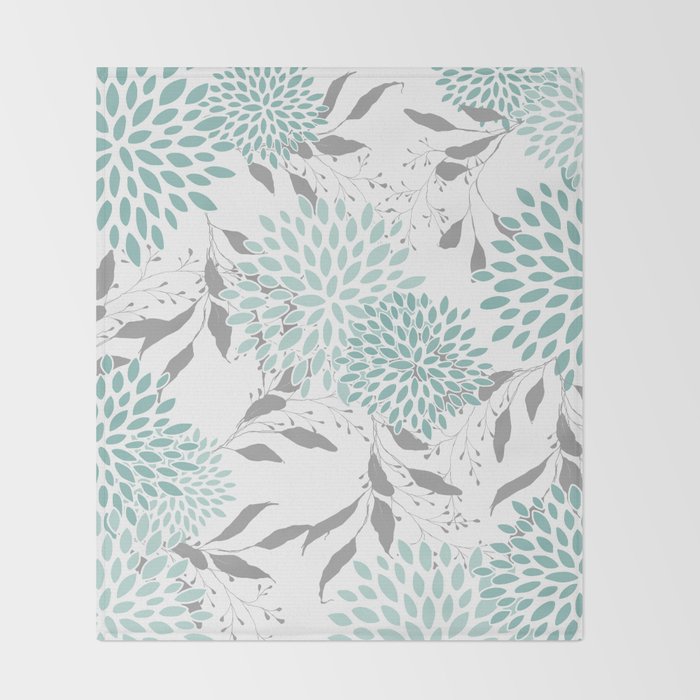 Festive, Floral Blooms and Leaves, Teal and Gray Throw Blanket Gallery Image 2