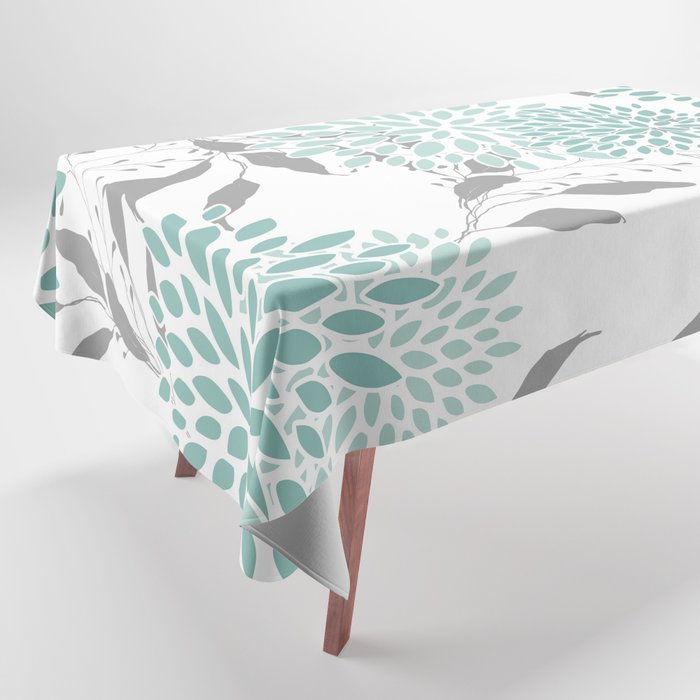 Festive, Floral Blooms and Leaves, Teal and Gray Tablecloth Gallery Image 1