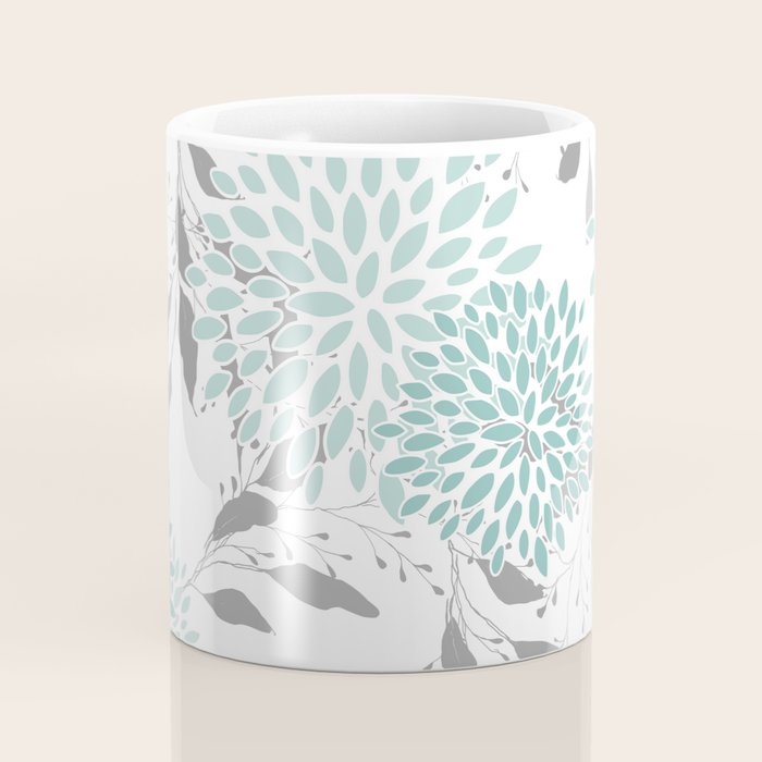 Festive, Floral Blooms and Leaves, Teal and Gray Coffee Mug Gallery Image 4