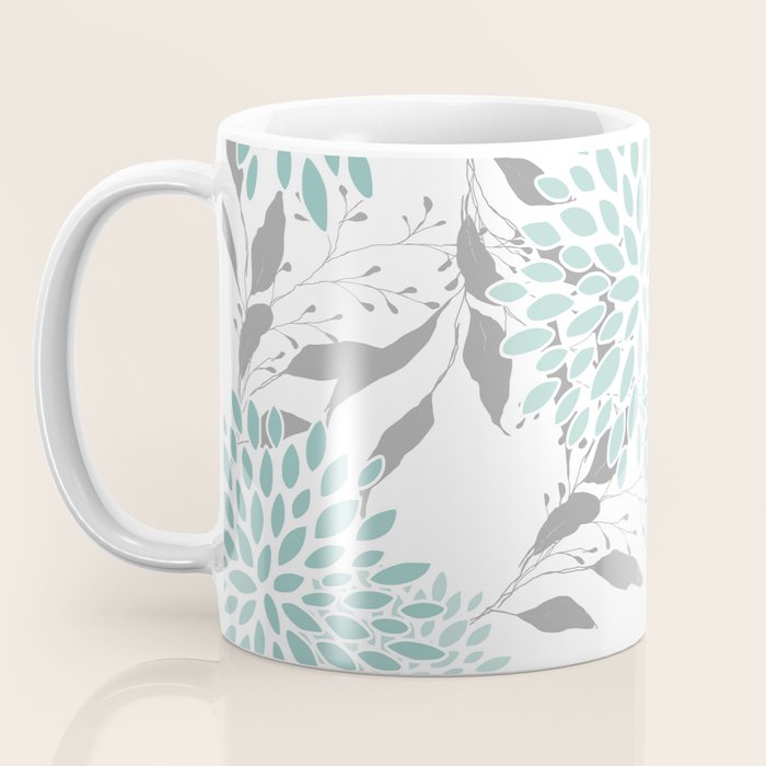 Festive, Floral Blooms and Leaves, Teal and Gray Coffee Mug Gallery Image 3