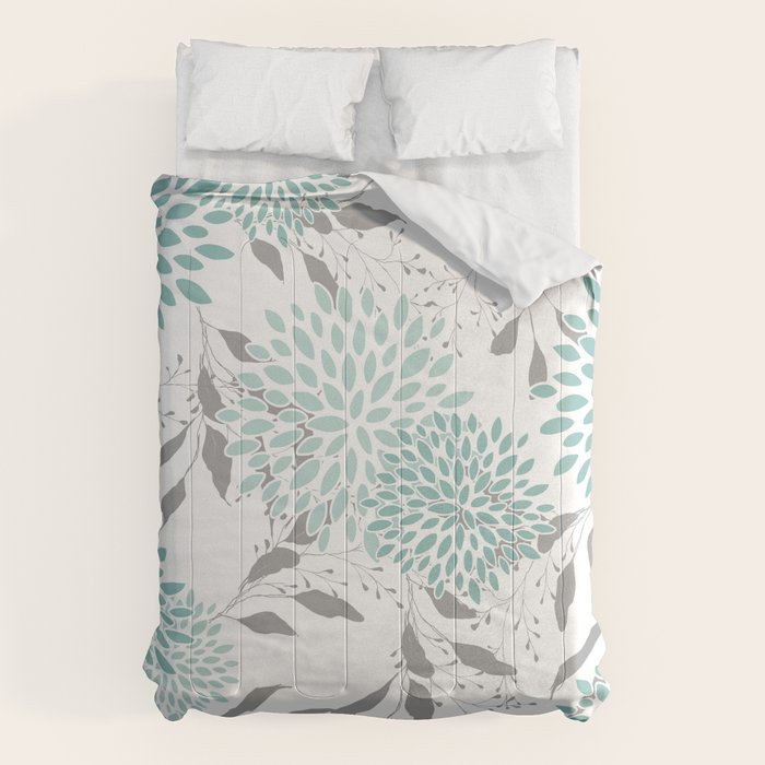 Festive, Floral Blooms and Leaves, Teal and Gray Comforter Gallery Image 6