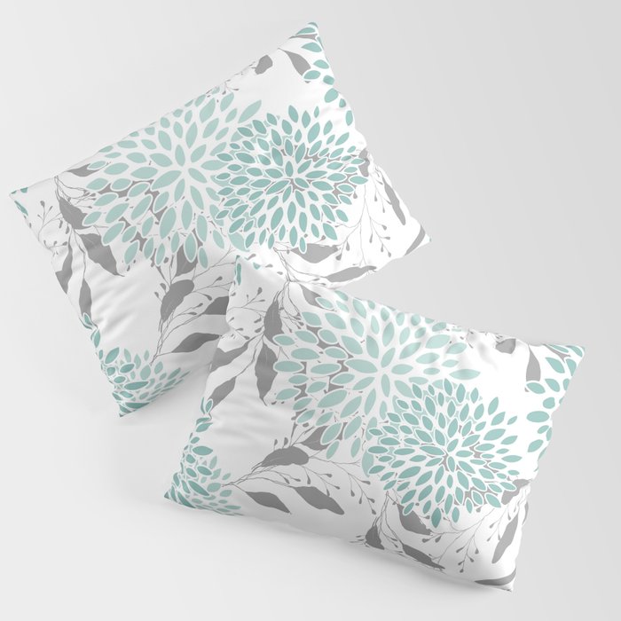 Festive, Floral Blooms and Leaves, Teal and Gray Pillow Sham Gallery Image 3